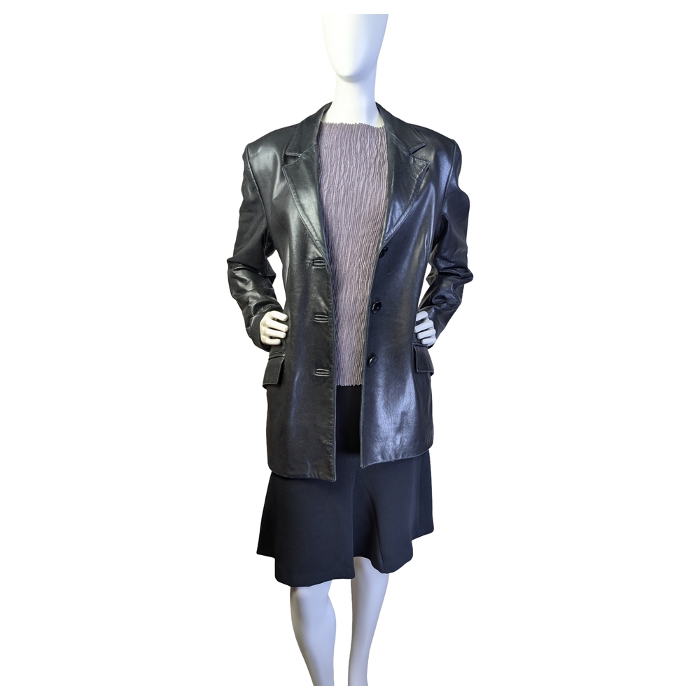 Vintage 90s Danier Minimalist Black Lamb Leather Blazer Jacket | Size M/L - Picture 2 of 9